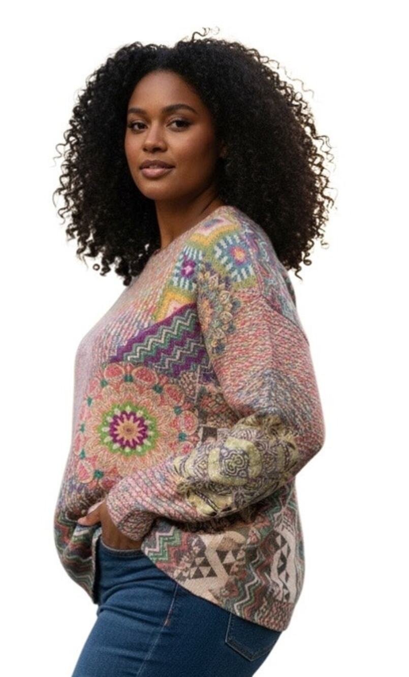 John Mark Patchwork Print Crew Neck Long Sleeve Knit Boho Sweater Size 3X